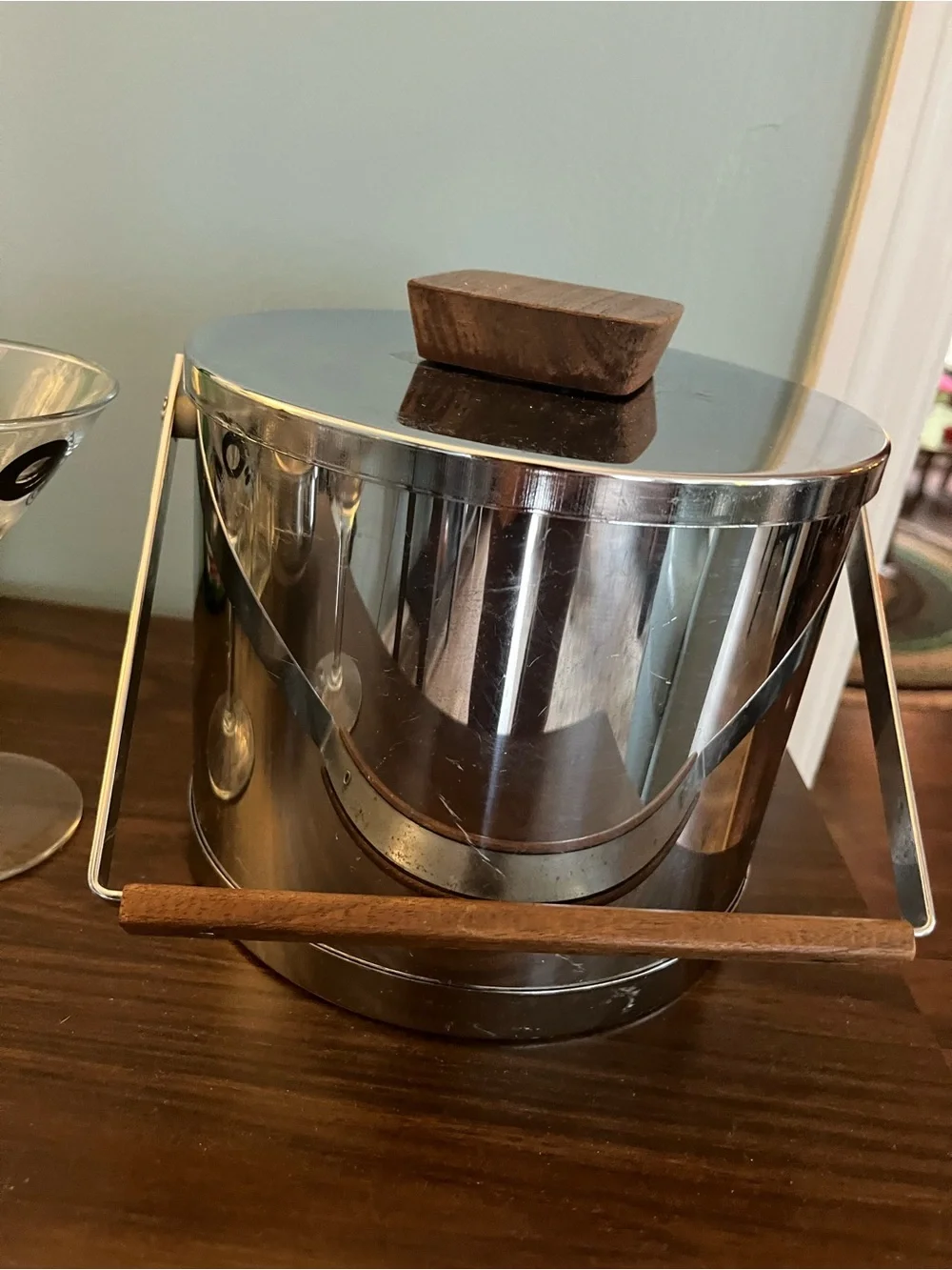 Kromex Stainless Steel Vintage Ice Bucket Teak Wood Hand And Knob MCM